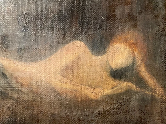 tableau portrait femme huile sur toile signé P Verilhac 1959 «Lecture au lit »