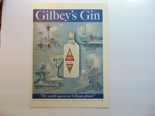 1959 GILBEY'S GIN World Scenes vintage art print ad