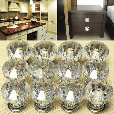 12X Crystal Glass Door Knobs Drawer Cabinet Furniture Kitchen Handle Home Decor