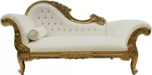 Stunning Ornate Chaise Sofa WHITE  & GOLD  frame faux leather with crystals