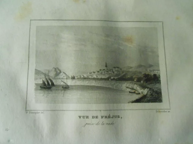 Gravure sur acier 1838 -  Dpt du Var  Vue de Fréjus prise de la rade