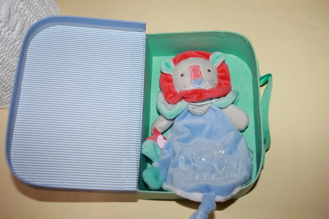 DOUDOU ET COMPAGNIE UNICEF LION PLAT BLEU  les petits amis en boite NEUF