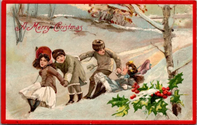 Winsch Christmas Postcard Antique Victorian Boy Girl Children Play Snow Slide