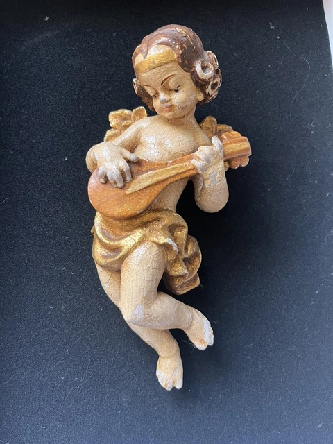 Vintage 8" Wooden Hand Carved Wall Flying Angel Putto Cherub Statue Figure