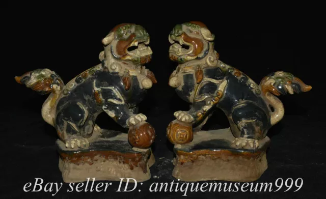 7.4" Chinese Tang Sancai Ceramics Dynasty lion Mythical Creatures Statue Pair