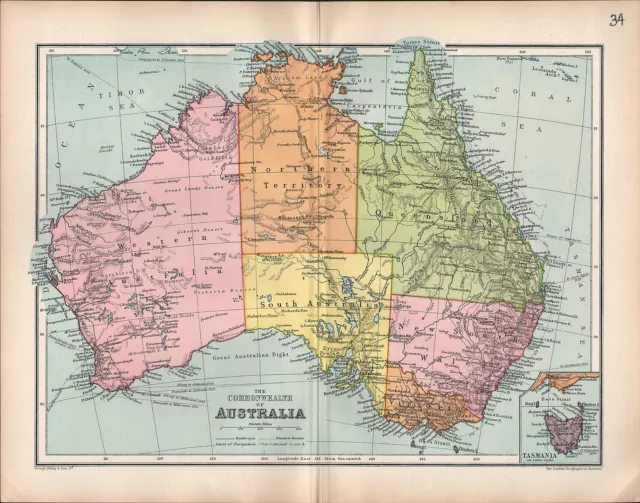 1903 Map ~ Australia ~ Queensland New South Wales Victoria Tasmania ~