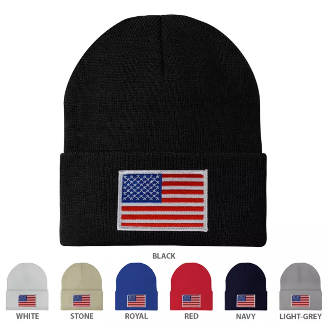 Made in USA - WHITE American Flag Embroidered Patch Long Cuff Beanie - FREE SHIP