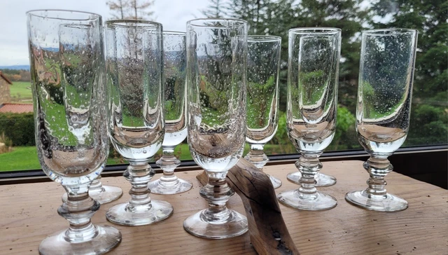 6 VERRES À Pied SABA Biot en Verre Soufflé Bullé Bleu EUR 60,00