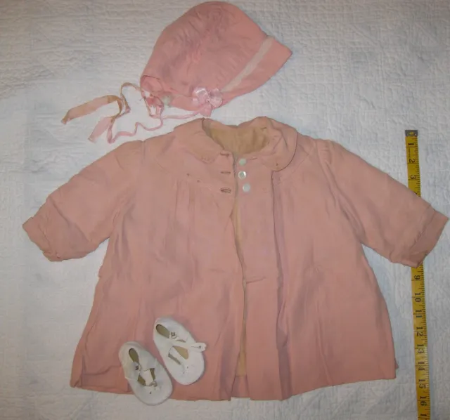 Vintage baby clothes girl's pink coat bonnet & leather shoes AS IS ! 1950s ?