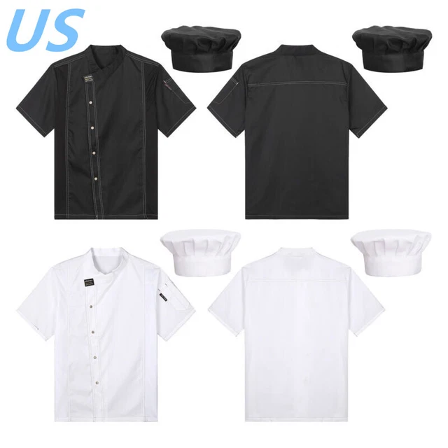 US Men Women Chef Coat Restaurant Kitchen Short Sleeve Uniform Jacket with Hat