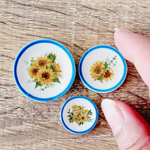 Casa de muñecas miniaturas platos de cerámica girasoles cocina decoración...