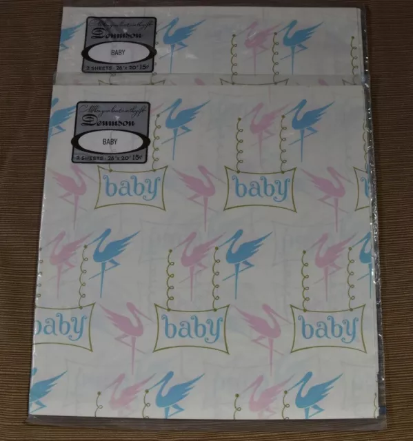 2 pkg Vtg 60s MCM Dennison Gift Wrap BABY SHOWER Wrapping Paper Stork 20”x26”