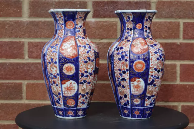 Antique Japanese 19th Century Large Pair or Imari Lobed Vases Flowers Phoenix 3