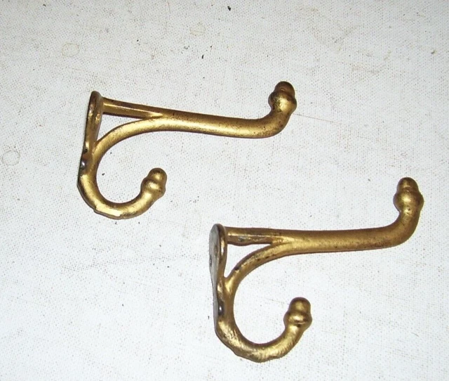 Pair Vintage Cast Iron Gold Tone Double Acorn Finial Schoolhouse Coat Hat Hooks