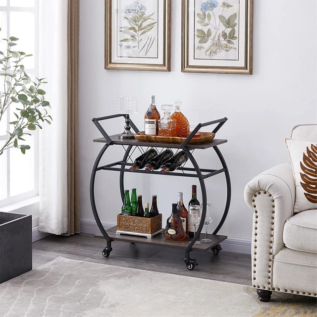 New Bar Cart with Wine Rack, 2 Tier Kitchen Coffee Cart on Wheels, Industrial
