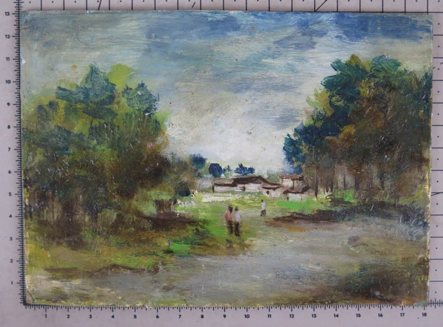 18x13 CM Pequeño Cuadro Paisaje Campo Pintado Óleo En Mesa Vintage X13