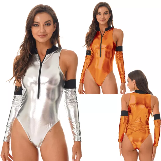 Damen Metallic Bodysuit Astronaut Kostüm Spaceman Cosplay Halloween Party Kostüm