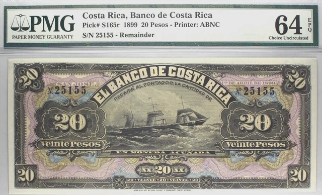 Costa Rica 1899 - 20 Pesos - P-S165r - Remainder - PMG Choice UNC-64