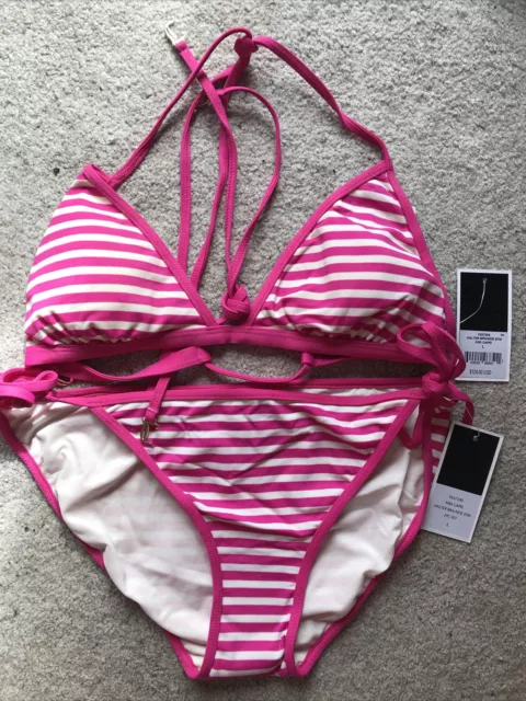 Juicy Couture Swim Set two piece bikini/bra Hot Pink Stripe L New $124 Ana Capri