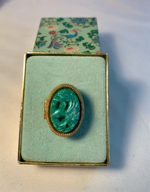 Vtg Avon Bird Of Paradise Perfume LocketPoison Ring  Faux Jade 1970 Original Box