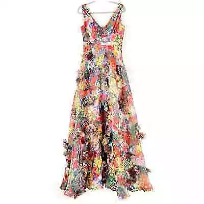 Marchesa Notte Multicolor Gown Watercolor 3D Floral Print Sleeveless, Size 6