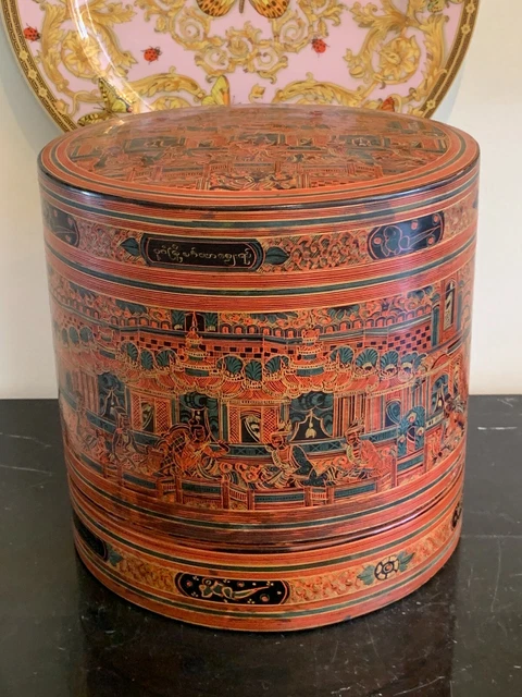 Antique Burmese Asian Bamboo Red Lacquer Food Stacked Boxes with Painted Scenes