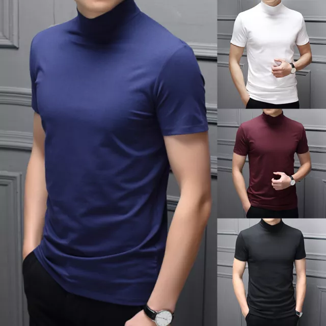 Men Stretch Turtle High Neck T Shirt Casual Short Sleeve Slim Jumper Basic Tops.