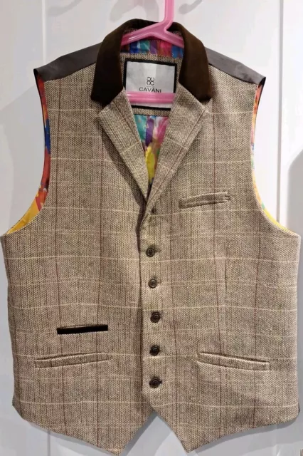Vintage Check Waistcoat Formal Tweed Tan Mens Vest Jacket 40R Wedding Meeting