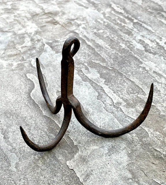 Early Antique Hand Forged Wrought Iron Three Prong Hook 19th Century Nice Patina