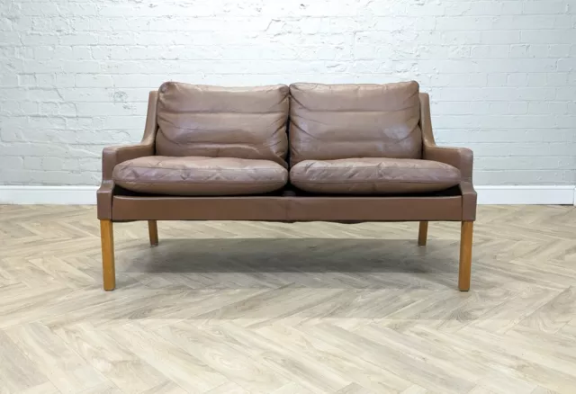 Mid-Century Vintage Danish Brown Leather 2 Seater Sofa Loveseat by Georg Thams