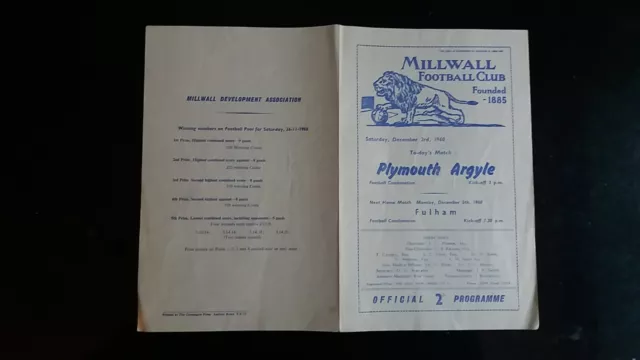 MILLWALL  Reserves v  PLYMOUTH ARGYLE   Reserves  1960/1961