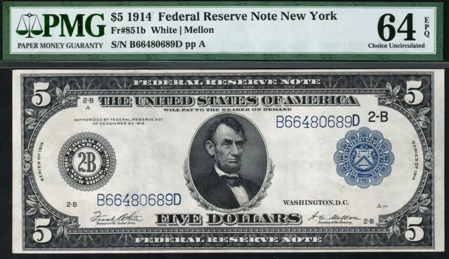 1914 $5 New York Federal Reserve Note Blue Seal Fr. 851b • PMG 64 EPQ