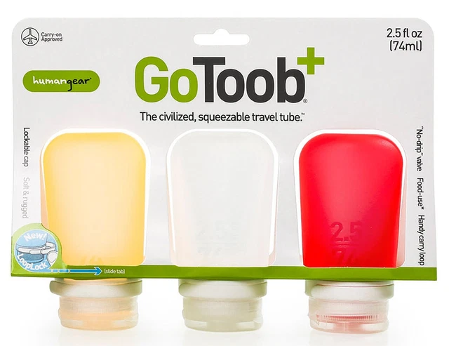 humangear GoToob+ Silicone Squeeze Bottles, Medium 2.5oz - Clear/Red/Orange