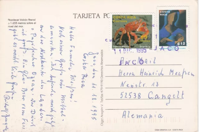 Tarjeta de Costa Rica 1995 enviada de Jaco a Cangelt Alemania