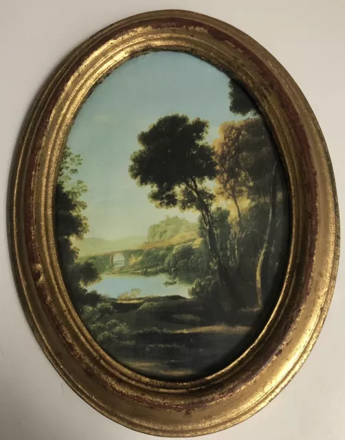 Vintage Florentia Oval Landscape Picture With Sheep And Boat In Gold Frame