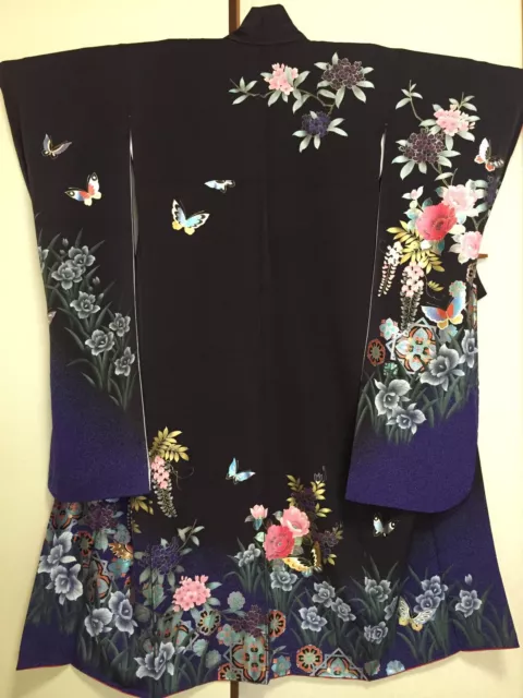 Vintage Japanese Silk Kimono Dress FURISODE, Butterfly, Sakura, Peony K900