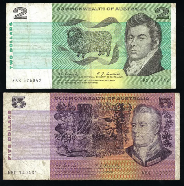 C. of Australia 1967 Coombs/Randall Two-Five Dollars $2 & $5 Banknotes R82 R202