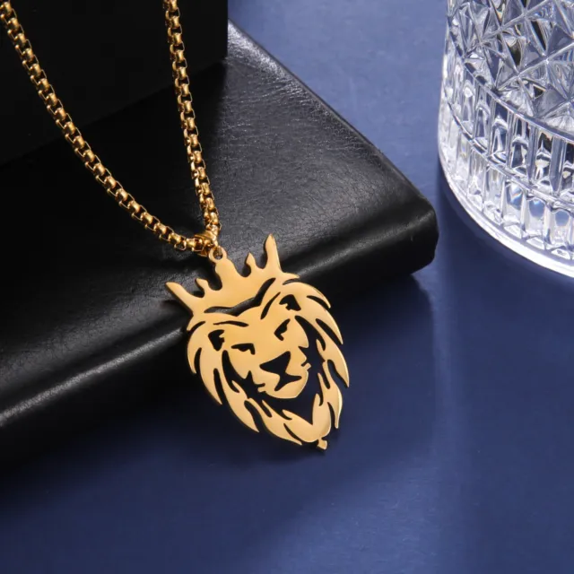 Lion with King Crown Necklaces for Men Animal Stainless Steel Pendant Necklace