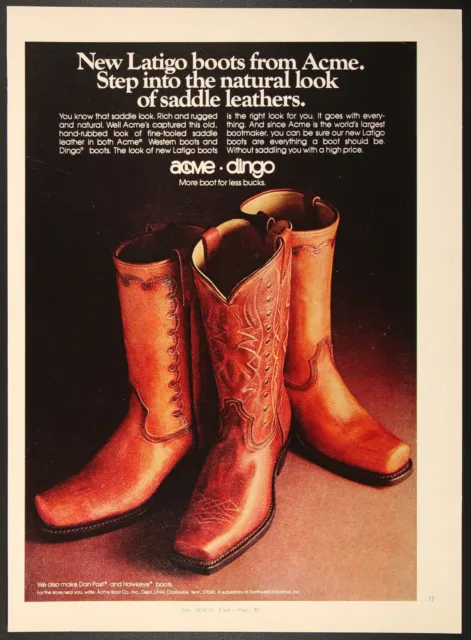 Acme Latigo Western Boots Saddle Leather Vintage Print Ad 1974