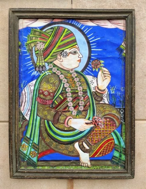 Antik Alt Fein Kunstwerk Schöne Handgefertigt Indisch King Malerei Eingerahmt