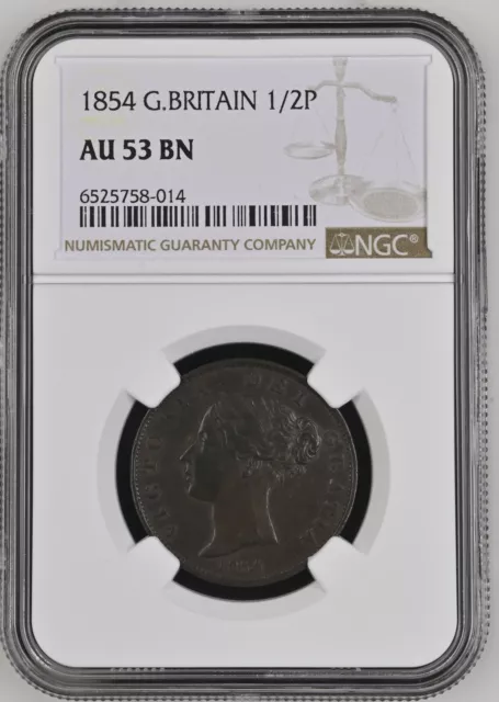 1854 Great Britain 1/2p Half Penny NGC AU53BN PQ WITH CLAIMS TO UNC!