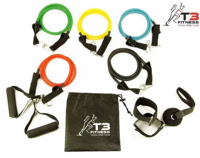 T3 Fitness Resistance Bands Set, 5 Tubes With Handles, Door Anchor, Ankle Strap