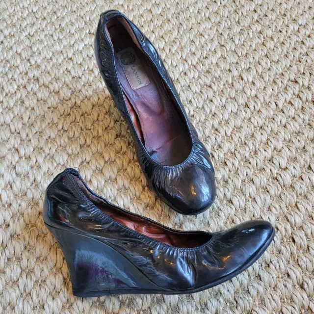 LANVIN Black Patent Leather Ballerina Wedge Pumps Shoes  38.5