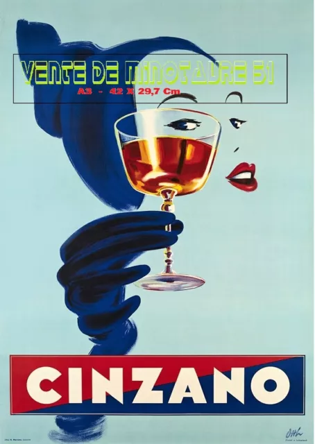 Cinzano - Femme au gant et capuche bleu  - Otth 1950 - sympa ! -   A3 plastifiée