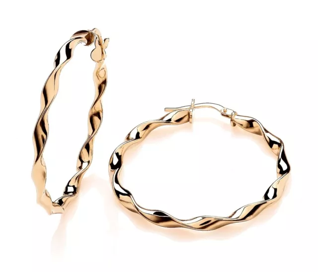 9ct Yellow Gold on Silver Ladies Fancy Twist Hoop Earrings - Size Large