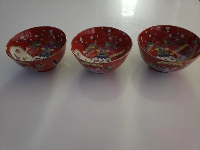 Vintage Oriental 4 1/2" Decorative Bowls Made in Macau - Stamped - Set of 3