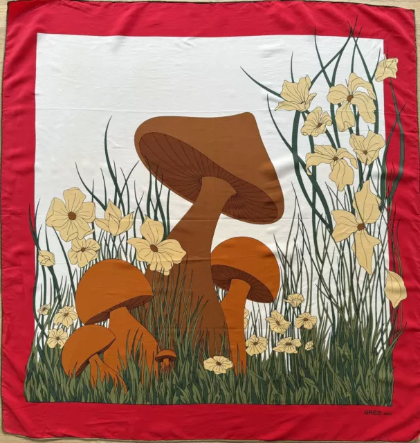 VINTAGE DESIGNER GRES PARIS 100% SILK SCARF LUXURY GIFT 70s RETRO MUSHROOM