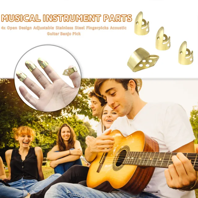 Adjustable 3 Finger Picks + 1 Thumb Pick Acoustic Guitar Banjo Pick (Gold) *Z