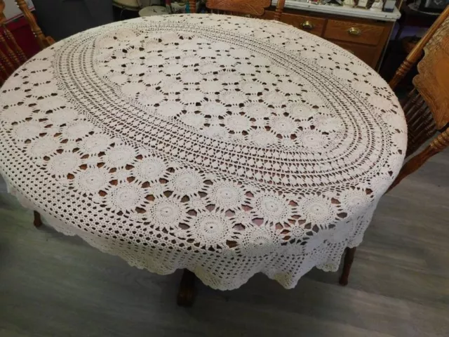 Vintage Oval Ecru Hand Crocheted Tablecloth Flower Design 52x67" Gorgeous