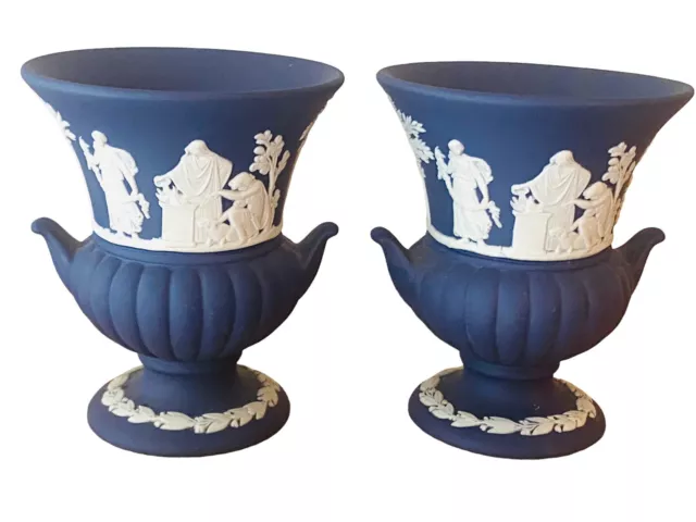 Wedgwood Dark Blue Urn Vase Set Of 2 Footed Rare  Porcelain Made In England